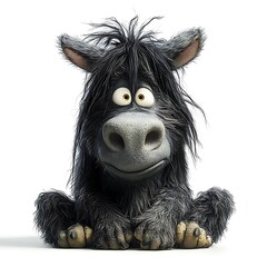 Fluffy black yak sitting, white background, cartoon style, children's book illustration