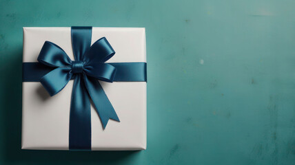 A White Gift Box With Blue Ribbon And Bow On Turquoise Background