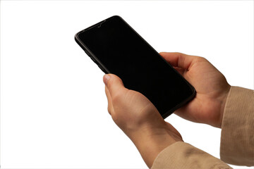 Close-up of a girl's hand holding a cell phone on white background. Business, technology.