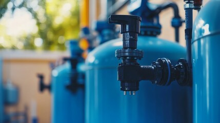 Industrial valve, blue tanks, outdoor setting.