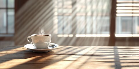 Fototapeta premium Coffee cup on wood, sunlit room. Morning calm