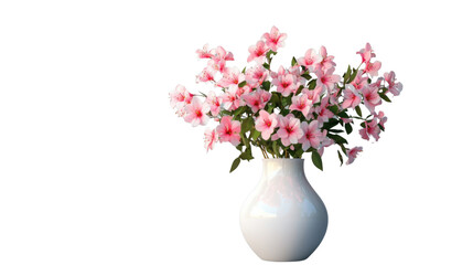 Pink azalea flowers blooming in a white vase on transparent background