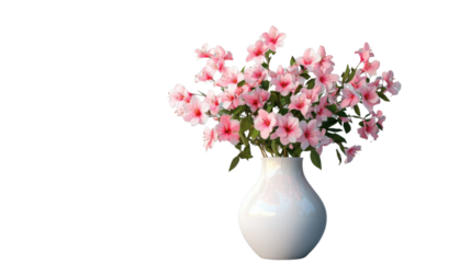Pink azalea flowers blooming in a white vase on transparent background