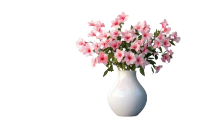 Pink azalea flowers blooming in a white vase on transparent background