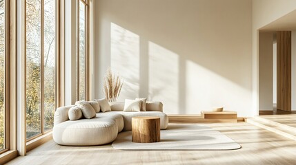 Scandinavian-inspired living room with neutral colors, clean lines, and wooden furniture, copy space
