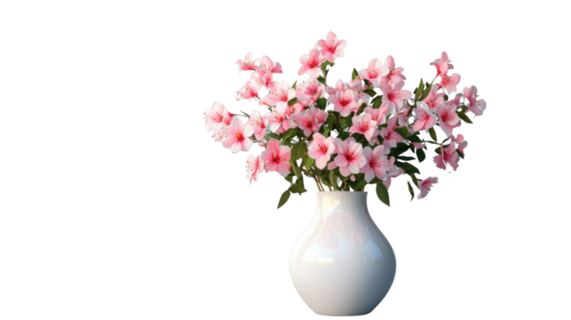 Pink azalea flowers blooming in a white vase on transparent background
