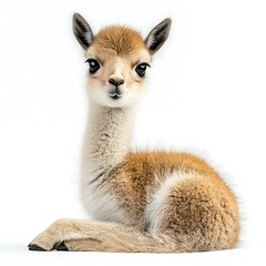 Obraz premium Adorable vicuña cria, sitting, white background, wildlife photography, perfect for children's book