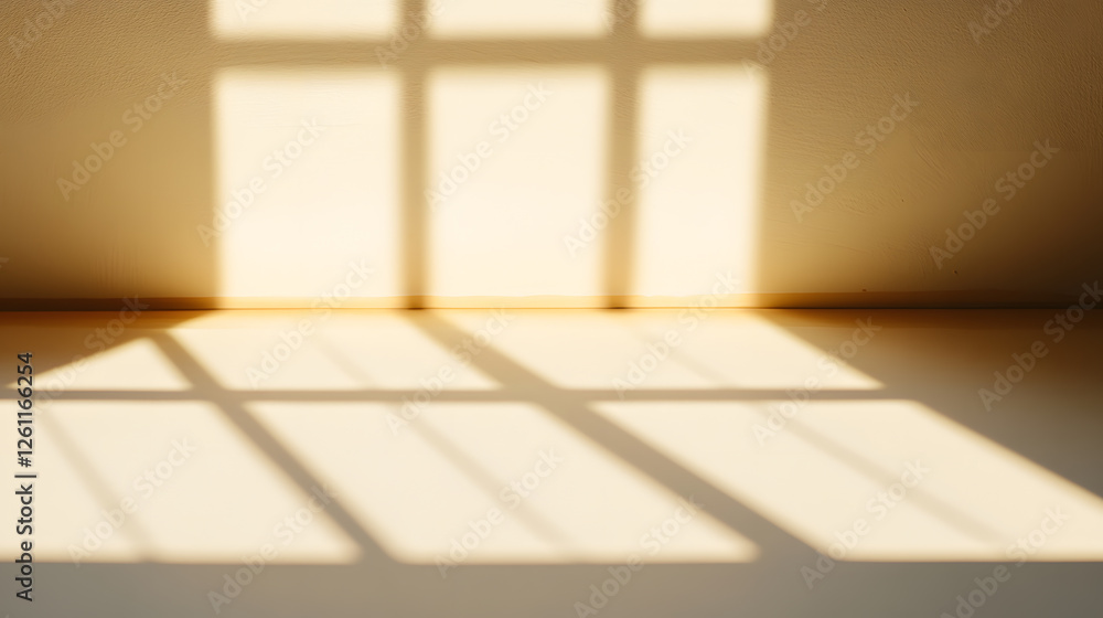 Poster sunlight streams through a window, casting geometric shadows across a wall and floor in a minimalist
