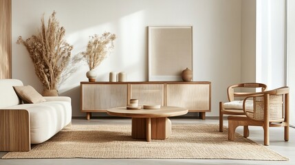 Scandinavian-inspired living room with neutral colors, clean lines, and wooden furniture, copy space