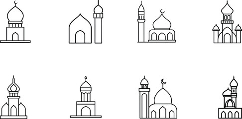 set of outlines of a mosque vector illustration, outline icon 
