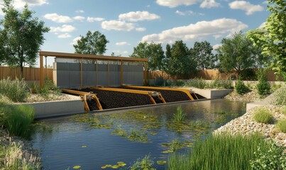 Modern water filtration system nestled in serene landscaping.