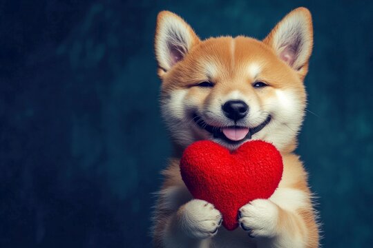 Akita - my desired dog. Cute akita pup with critter toy red heart - sign of love, funny greeting card. Ad campaign concept art. Valentine's adorable animal photos. Love and red heart concepts.