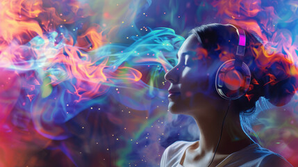 Guided Meditation Experience with Headphones and Vibrant Brain Activity Visuals