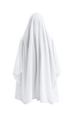 Ghostly figure appearing in white sheet indoor isolated on transparent background