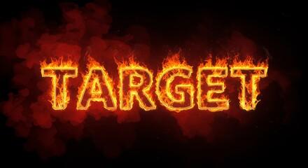 Fire alphabets "TARGET" made of fire flames, with red smoke behind, hot metal font in flames, isolated on black background 
