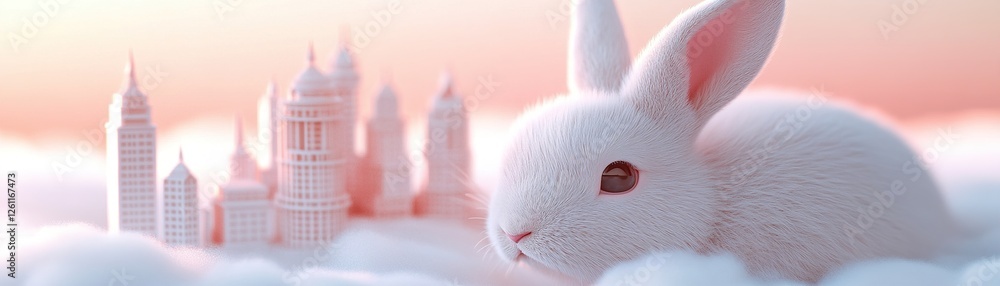 Poster an enormous soft-focus rabbit gently observes a tiny city floating amidst fluffy clouds. golden ligh