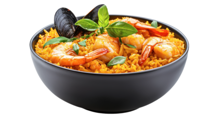 Delicious seafood paella recipe kitchen food photography transparent background colorful ingredients culinary exploration