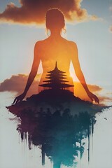 Double Exposure Goddess with Sunset Coast in Monochrome