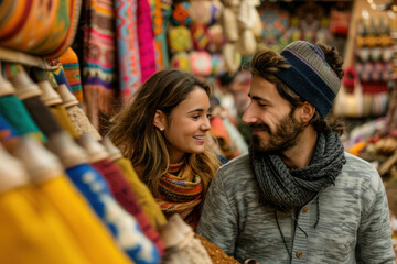 Couple Exploring Vibrant Moroccan Market with Colorful Textiles and Exotic Spices