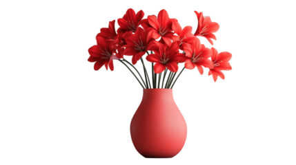 Bouquet of red amaryllis flowers in a red vase with transparent background