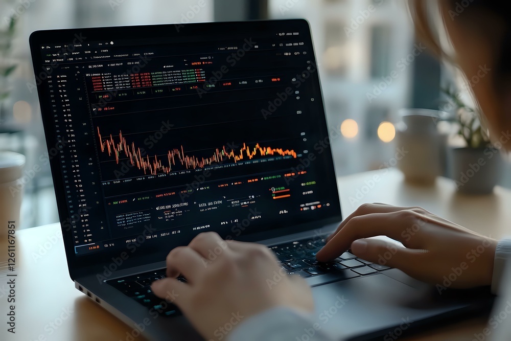Poster financial market analysis on laptop screen showing trading charts and graphs. trader monitoring stoc