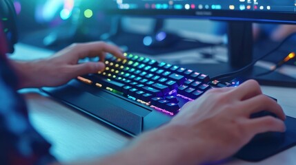 Colorful Gaming Keyboard with RGB Lights and Hands Typing at a Computer in a Dynamic Gaming Setup