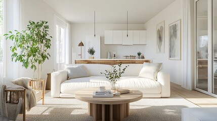 Scandinavian-inspired living room with neutral colors, clean lines, and wooden furniture, copy space