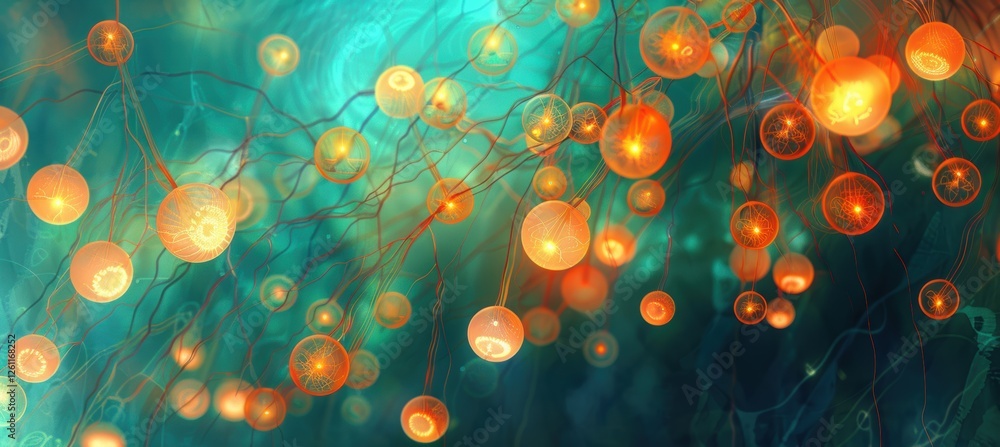 Poster inspiration and brainstorming: abstract design with glowing lightbulbs and neural networks