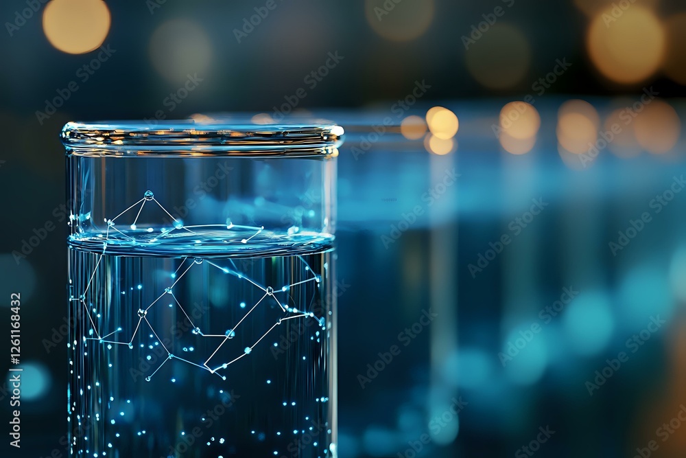 Poster glass with sparkling water and glowing constellation pattern against blurred bokeh background in blu