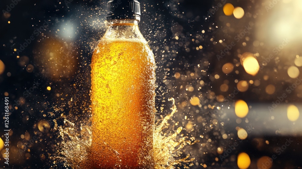 Poster sparkling golden beverage bottle exploding with fizz
