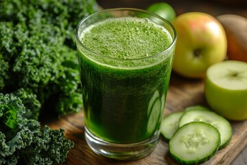 Fototapeta premium Green juice with fruits and kale. Healthy lifestyle