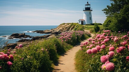 beautiful scenery with huge white lighthouse and sea! formidable dark rocks with sea