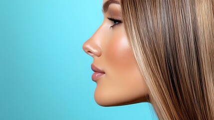 Obraz premium Side profile of young woman with glowing skin and straight blonde hair against turquoise background, highlighting natural beauty and facial features in modern beauty portrait.