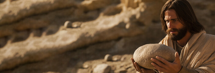  Jesus stands firm as the tempter presents the challenge to turn stones into bread.