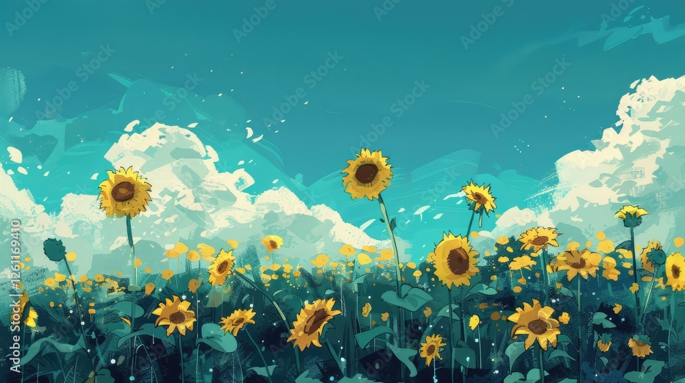 Wall mural Vibrant field of sunflowers under a bright blue sky with fluffy clouds, evoking a sense of joy and tranquility