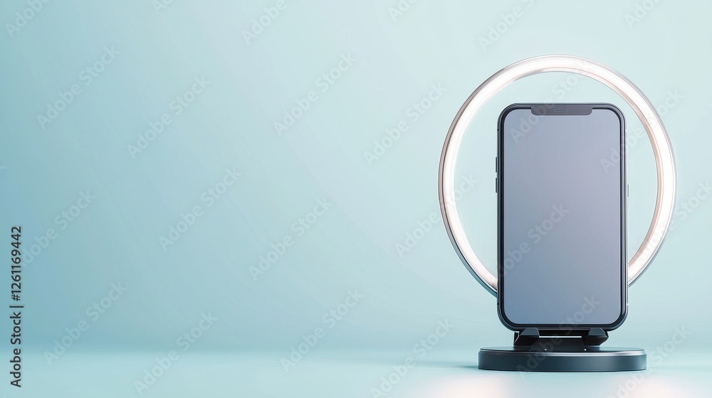 Poster modern smartphone displayed on minimalistic stand with soft light