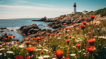 beautiful scenery with huge white lighthouse and sea! formidable dark rocks with sea