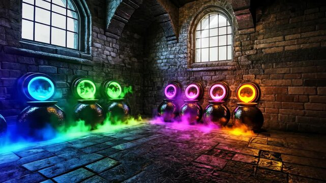 Colorful potions with swirling mist in a mystical stone chamber
