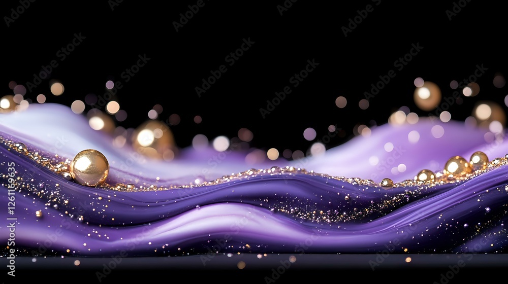 Aufkleber magical purple waves with golden sparkles and glowing orbs on black background create dreamy abstrac