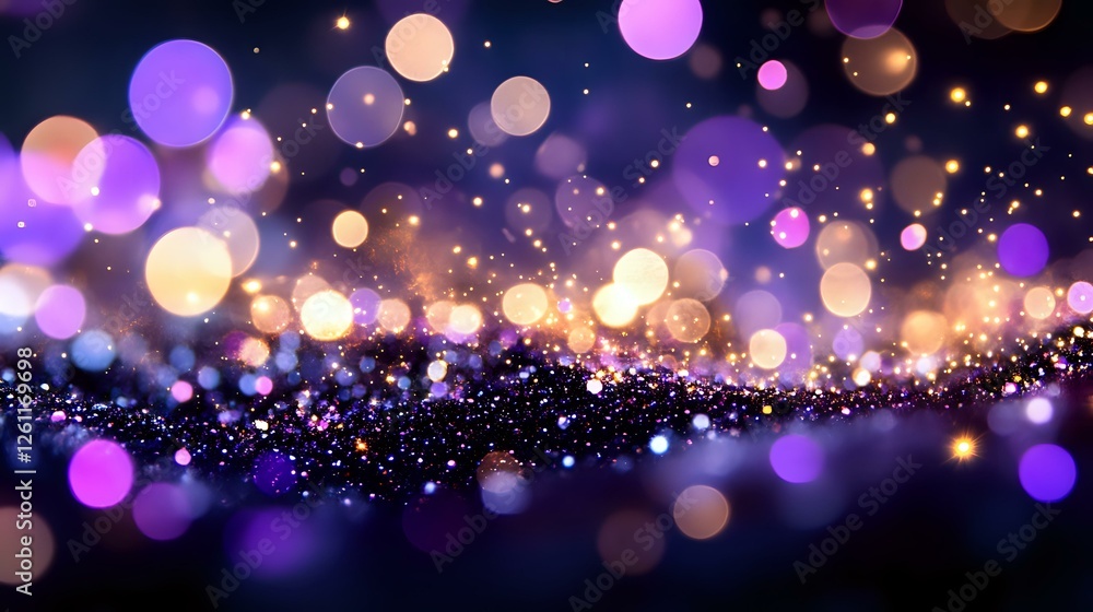 Poster magical glowing bokeh lights in purple and gold colors creating dreamy abstract background with spar