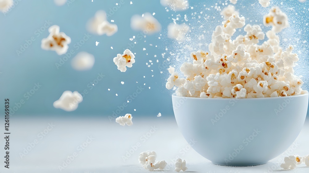 Poster fresh popcorn exploding from light blue ceramic bowl against soft blue background with floating kern