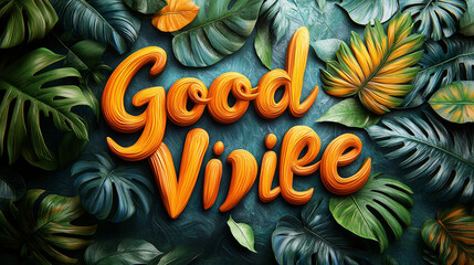 Typography poster: 'Good Vibes Only' with bold, hand-drawn brush letters, surrounded by tropical leaves and vibrant colors