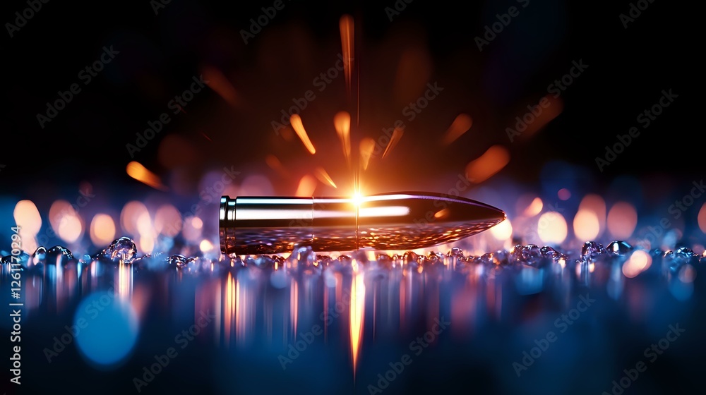 Poster flying bullet with bright muzzle flash and sparks against dark background with bokeh light reflectio