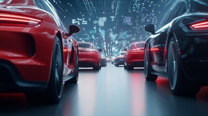 Futuristic Scene of Red and Black Sports Cars in Urban Environment