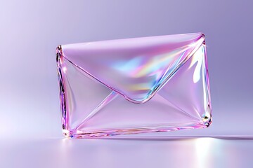 Holographic envelope with iridescent rainbow reflections on pink and purple background, modern minimal design concept for digital communication.