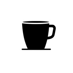 Coffee Mug Icon: A simple, elegant black silhouette of a coffee mug with a handle and saucer. Perfect for cafe menus, websites, and branding.