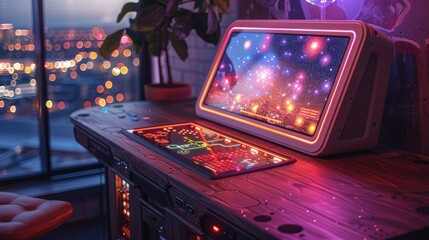 Futuristic gaming setup with city view at night.