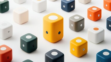 Colorful geometric shapes and cubes on white background