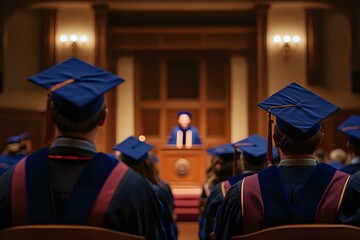 Graduation ceremony with students wearing blue mortarboards and academic regalia listening to speaker at podium in grand auditorium. Warm atmospheric lighting.