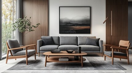 Scandinavian-inspired living room with neutral colors, clean lines, and wooden furniture, copy space